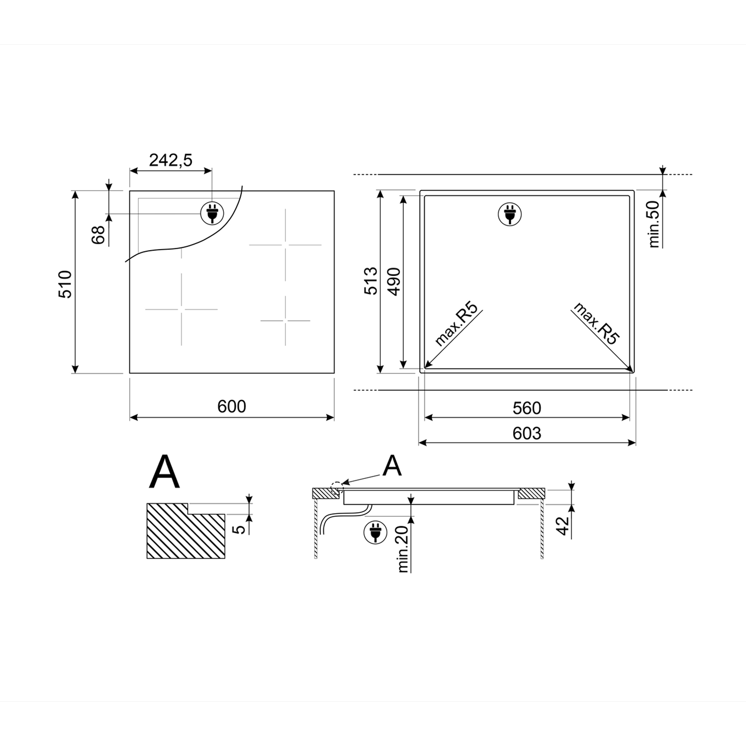Disegno tecnico di un piano cottura con dimensioni e misure in millimetri.