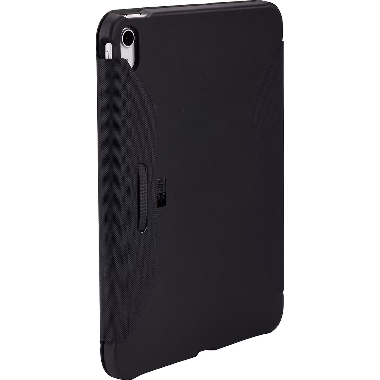 Étui de tablette noir avec un design texturé. Vue latérale. Offre protection et prise en main sûre.