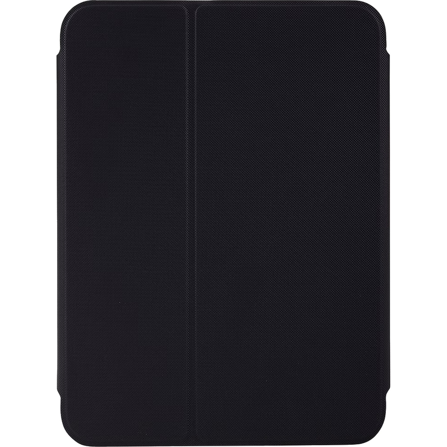 Un étui de tablette noir, fermé, avec une surface texturée et des coins arrondis, avec un rabat.