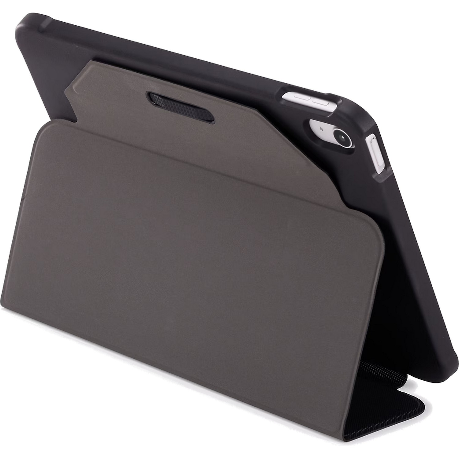 Un iPad dans un étui gris foncé, soutenu, montrant l'arrière et une partie de l'avant.