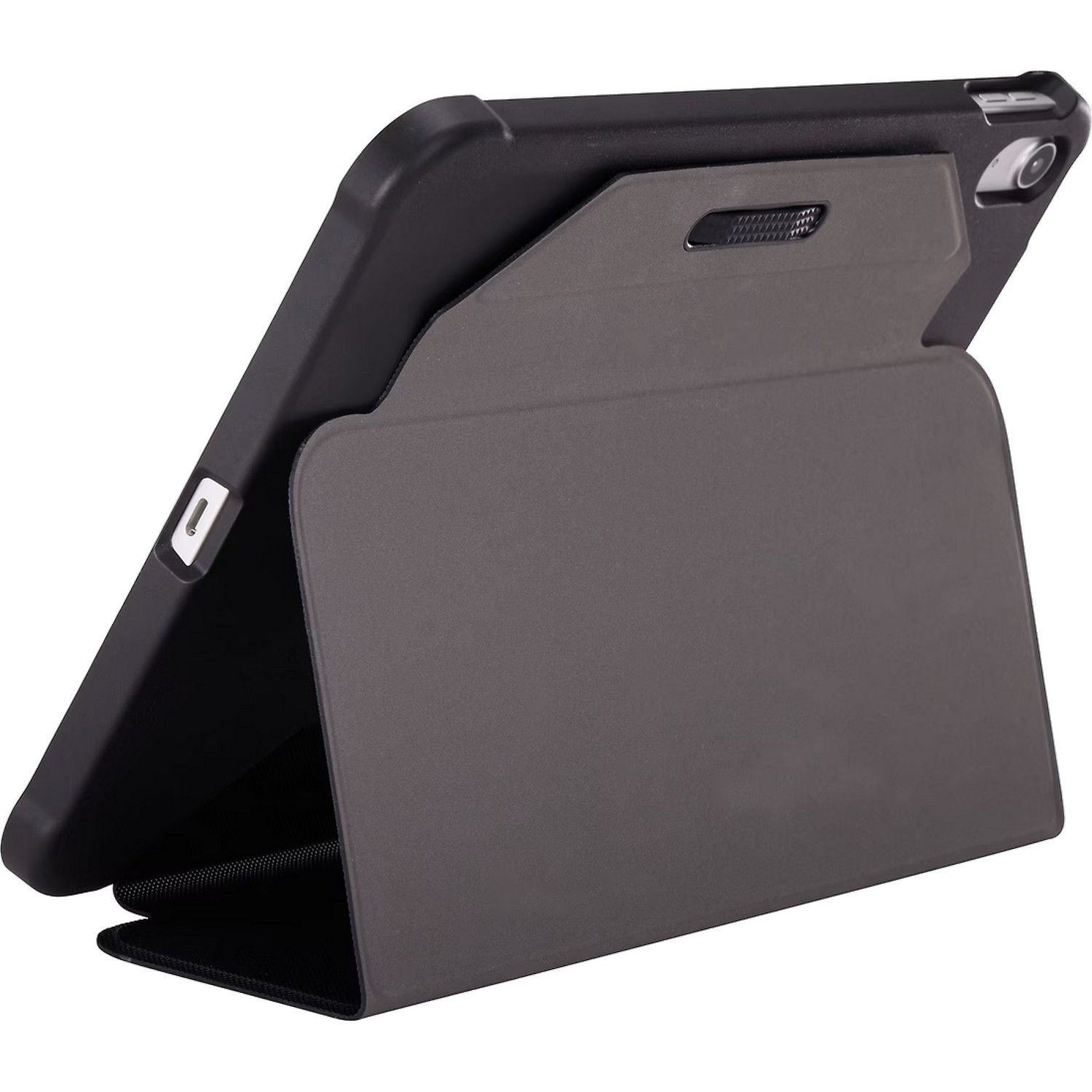 Housse de tablette grise avec cadre noir, avec fonction de support.