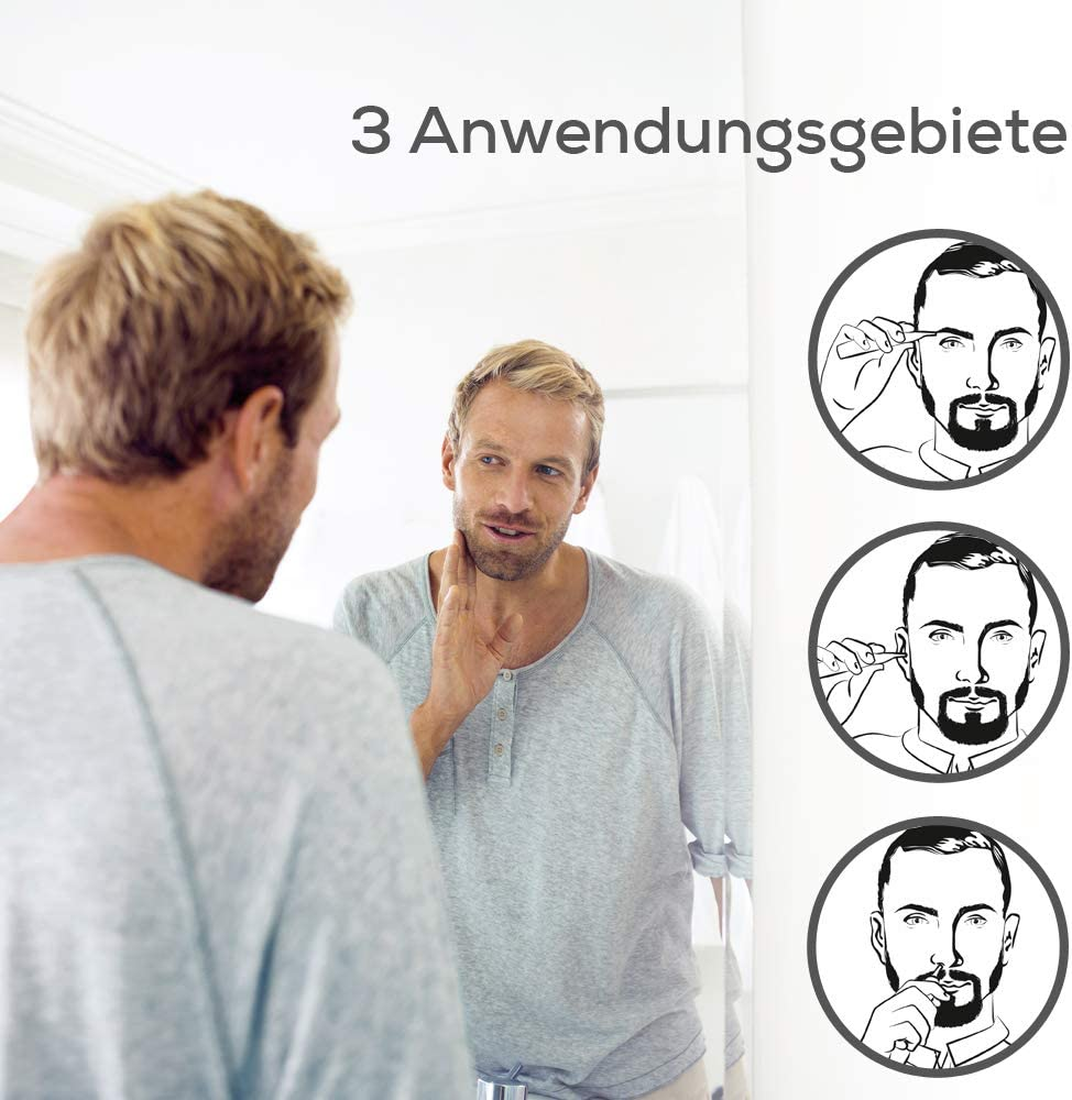 Uomo che si guarda allo specchio, con disegni di azioni di cura.