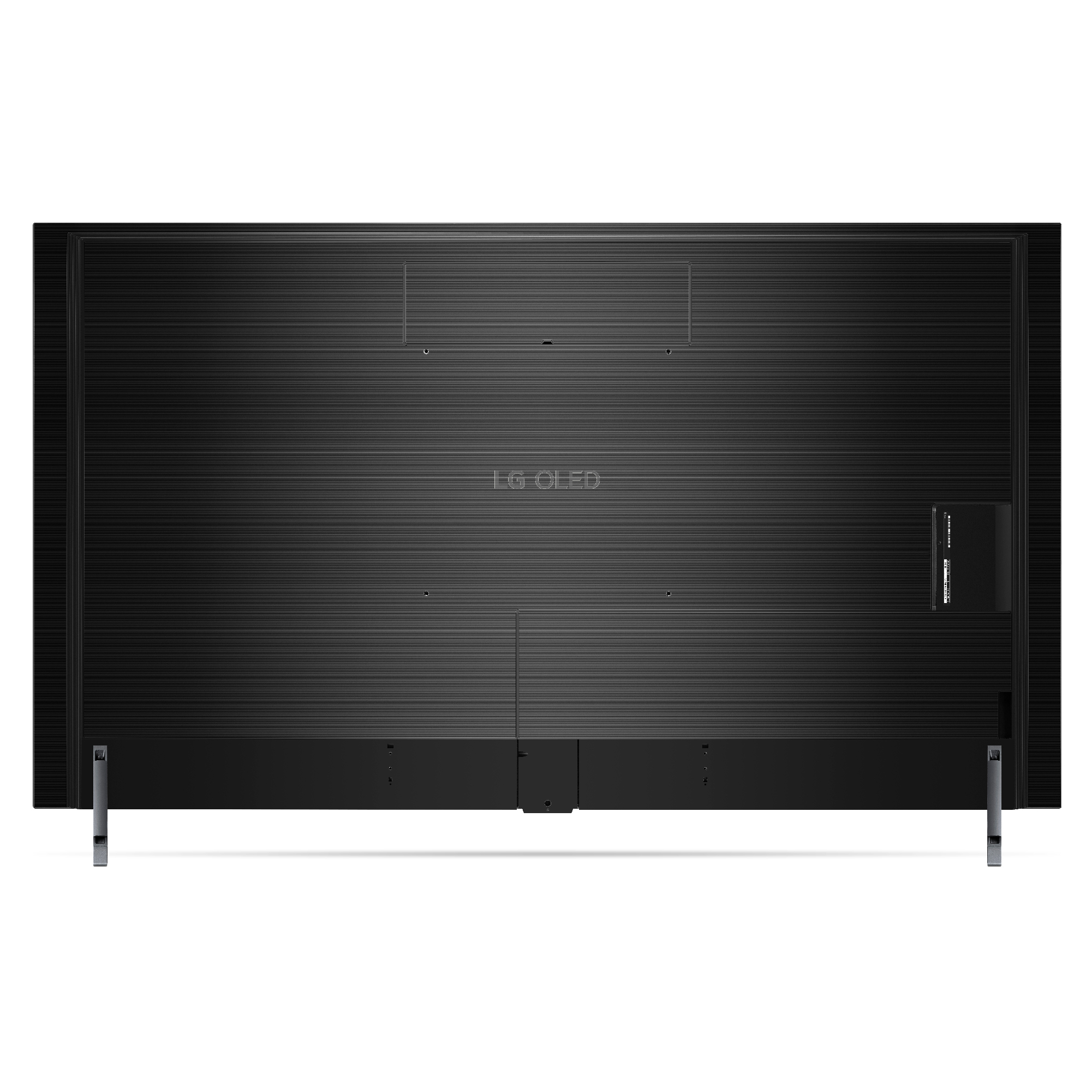 Parte trasera del televisor LG OLED negro con superficie texturizada y soporte.
