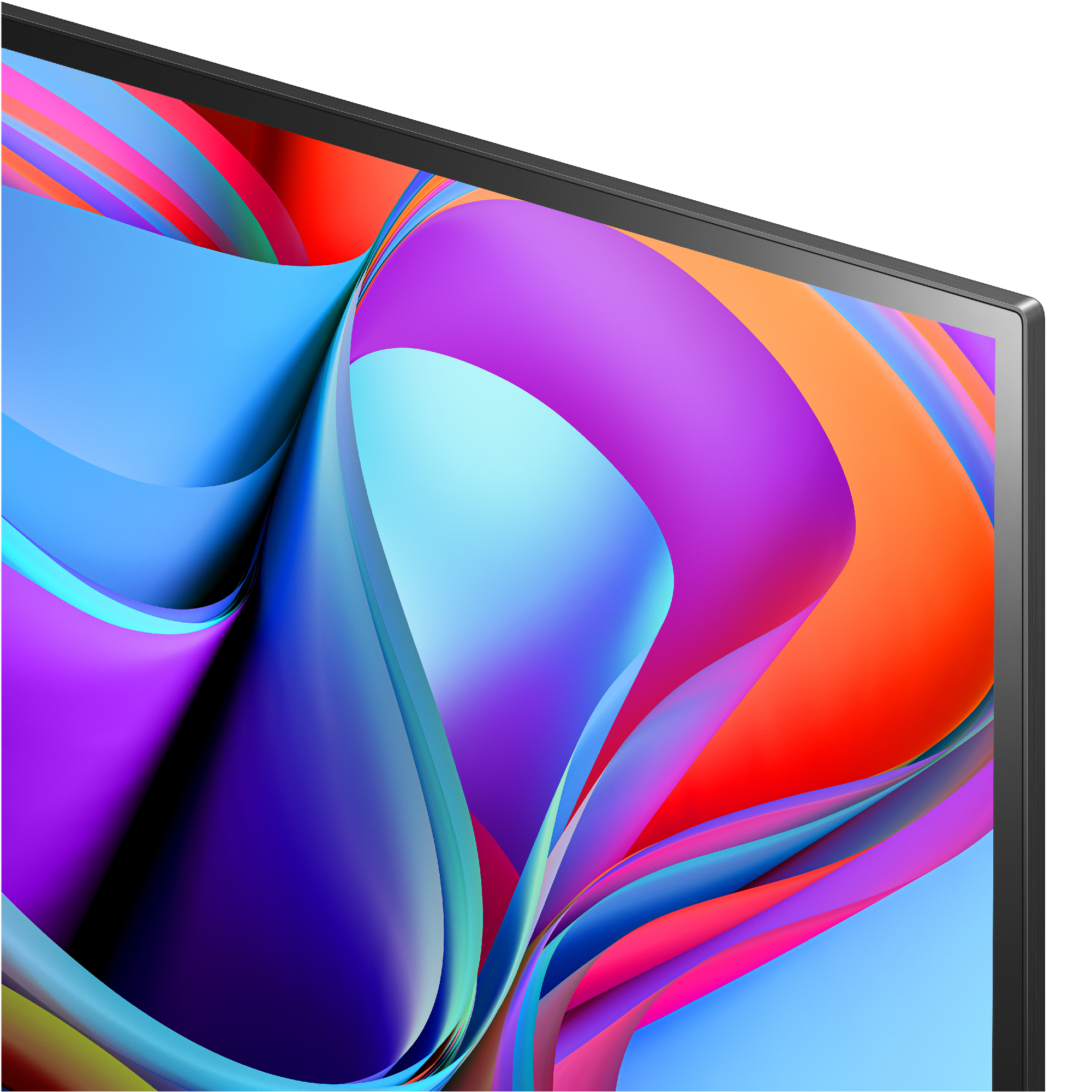 Primer plano de una esquina de monitor que muestra formas abstractas y coloridas que fluyen.