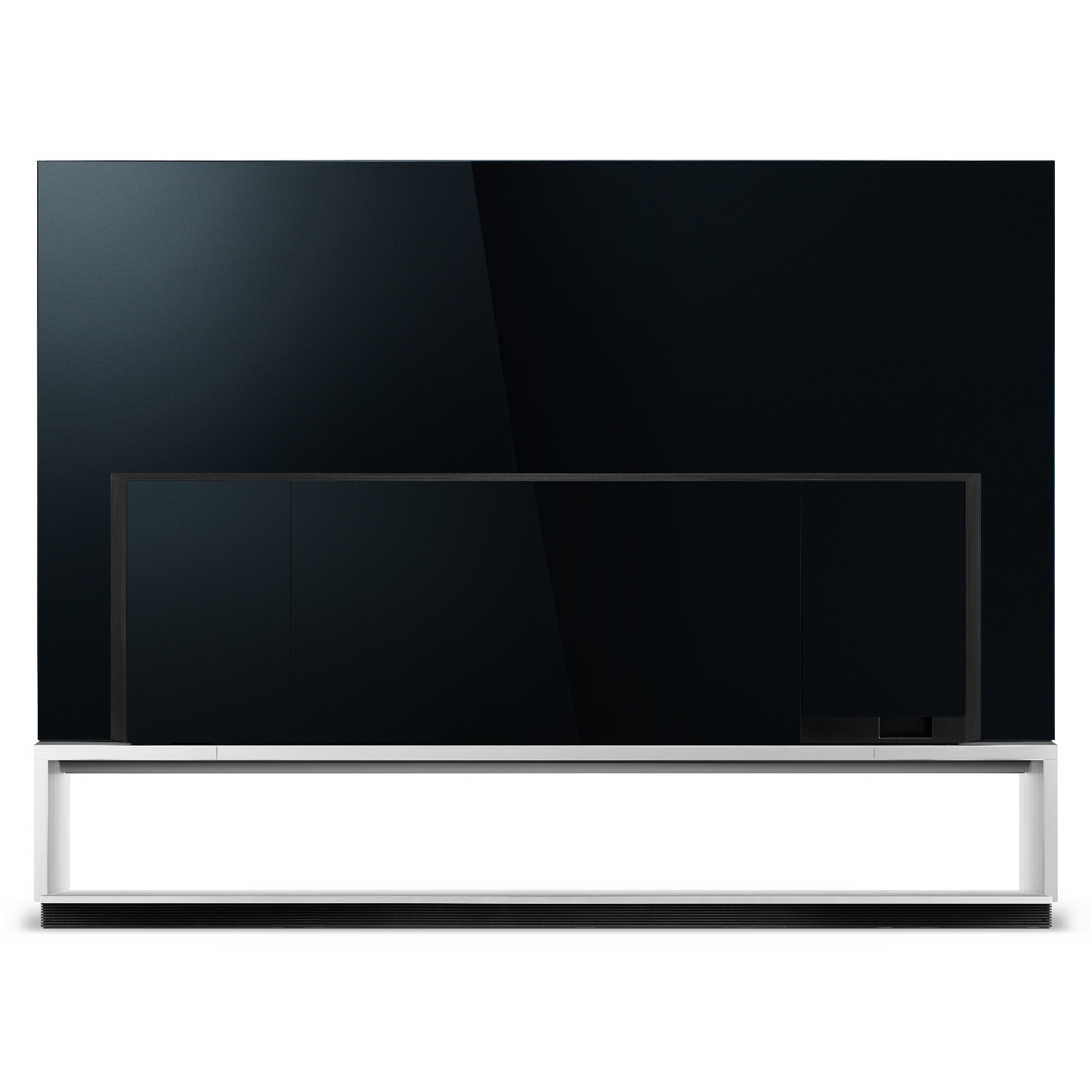 Una pantalla de TV negra con soporte blanco, sobre fondo negro.