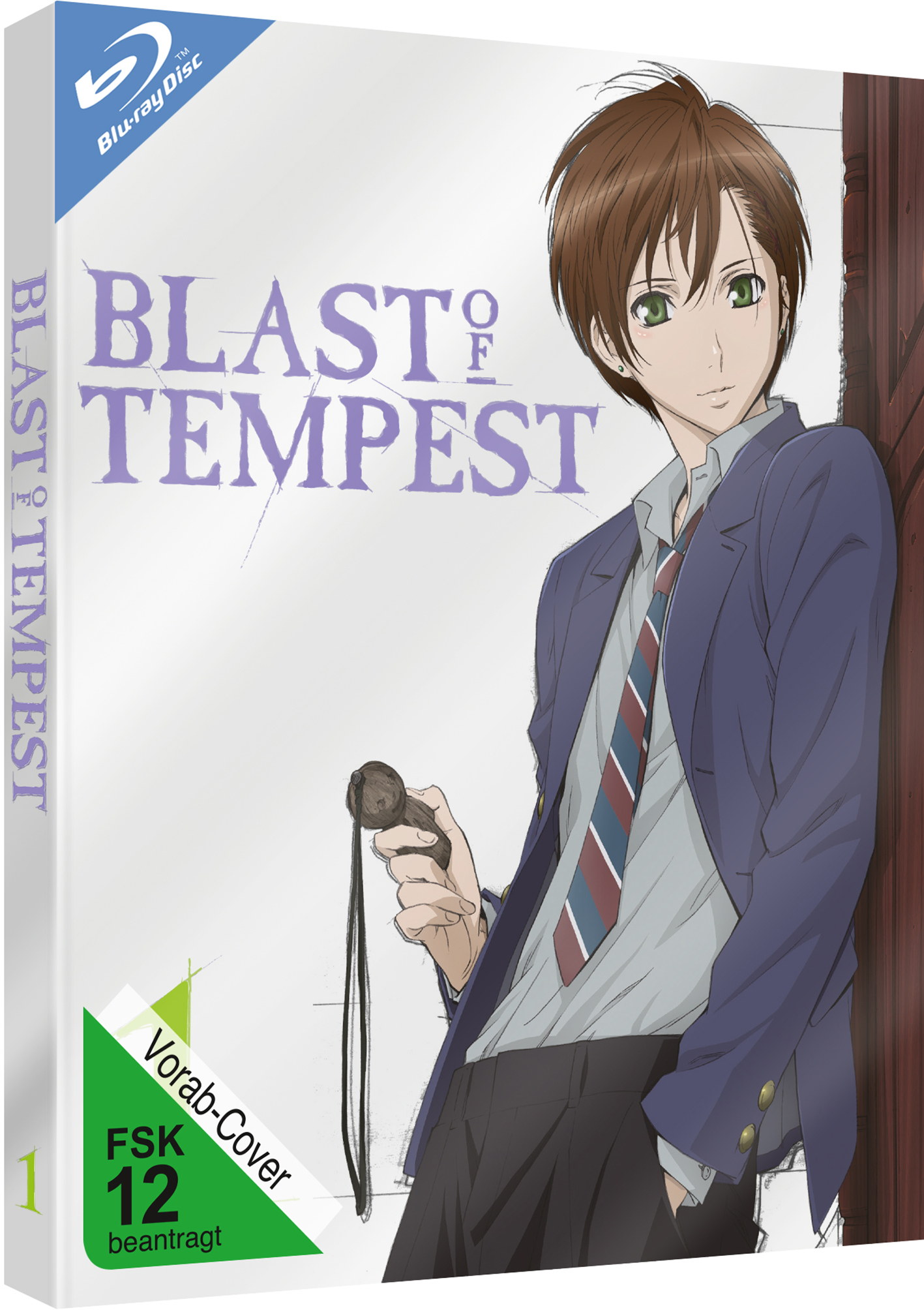 Anime-Blu-ray-Disc-Hülle mit einem jungen Mann im Anzug, der sich an eine Wand lehnt.