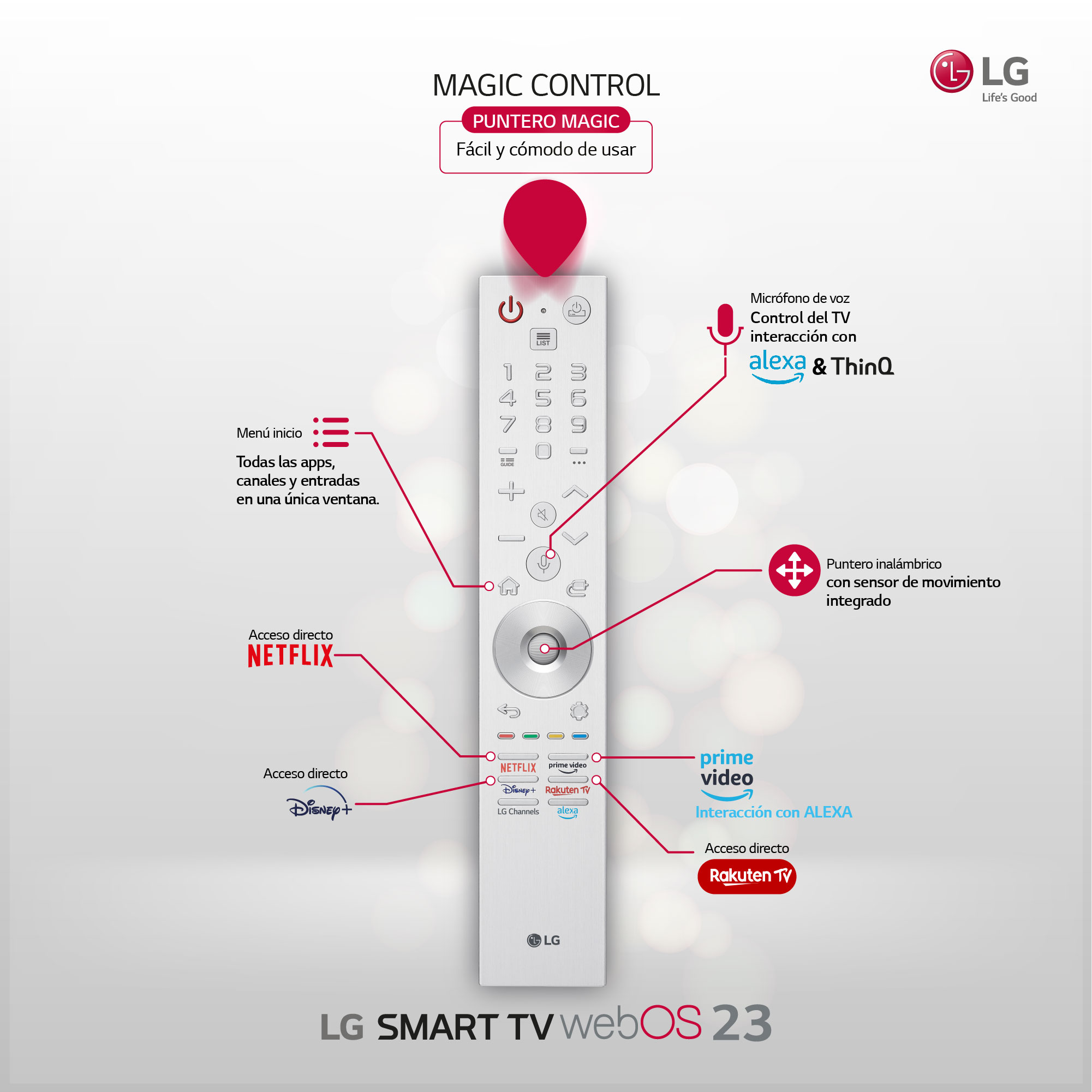 Mando a distancia inteligente LG con anotaciones, mostrando botones, Netflix y Disney+.