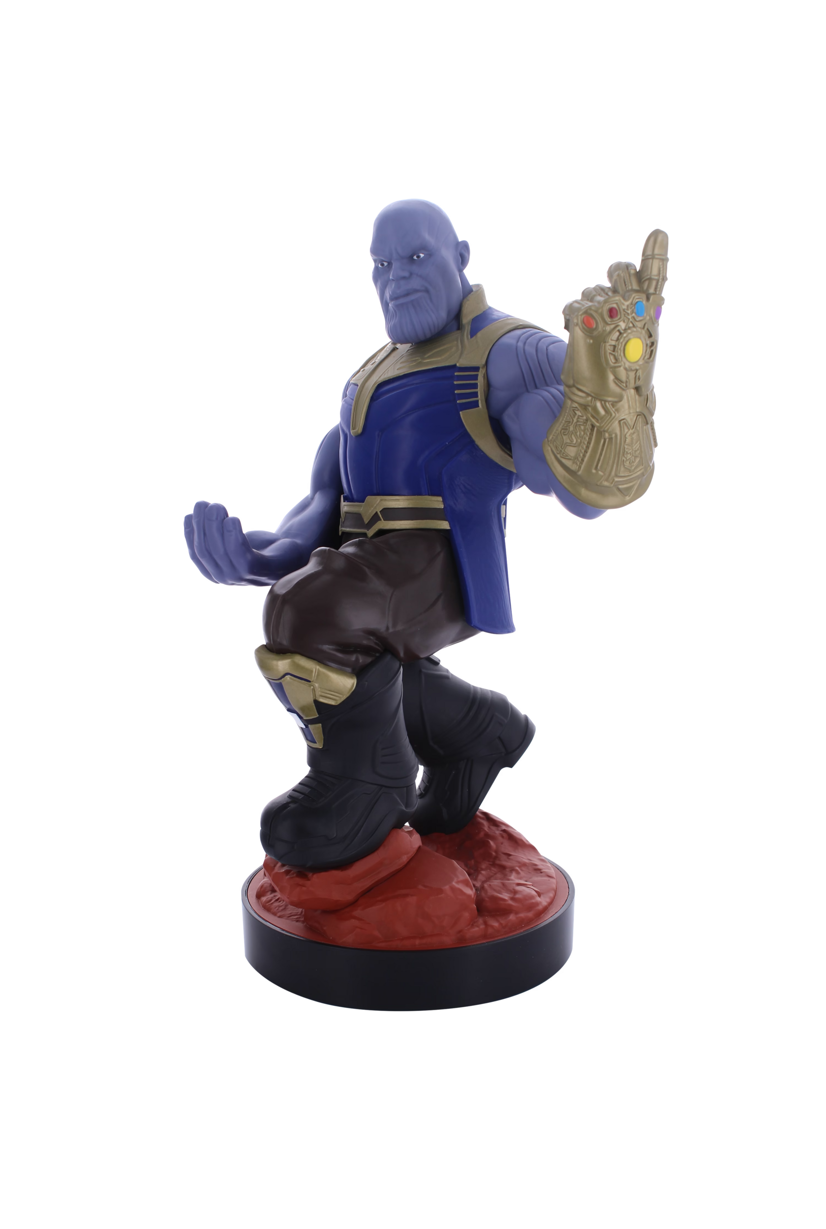 Thanos-Figur mit dem Infinity Gauntlet. Er steht auf roter Basis vor schwarzem Hintergrund.