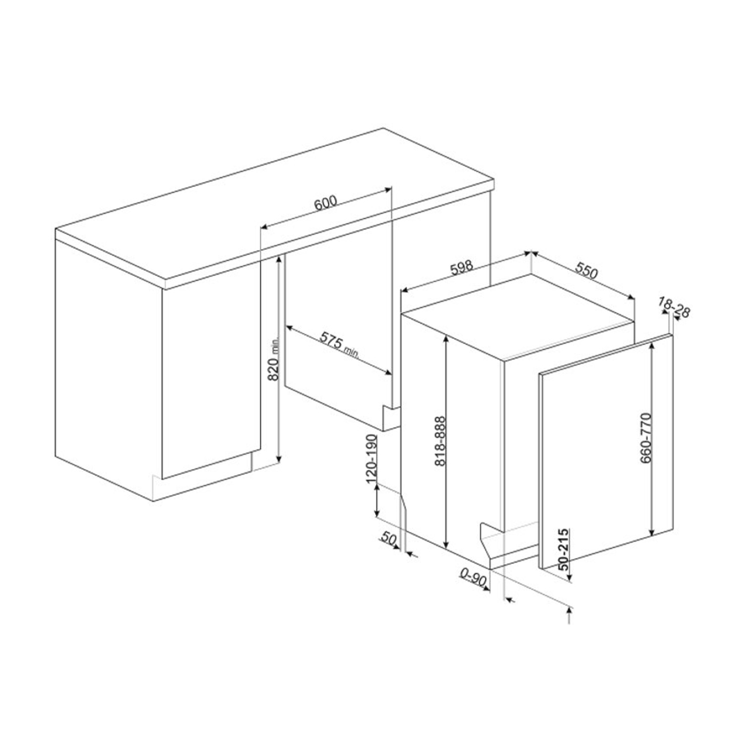 Schema di una cucina con lavastoviglie e armadio. Dimensioni e misure sono etichettate.