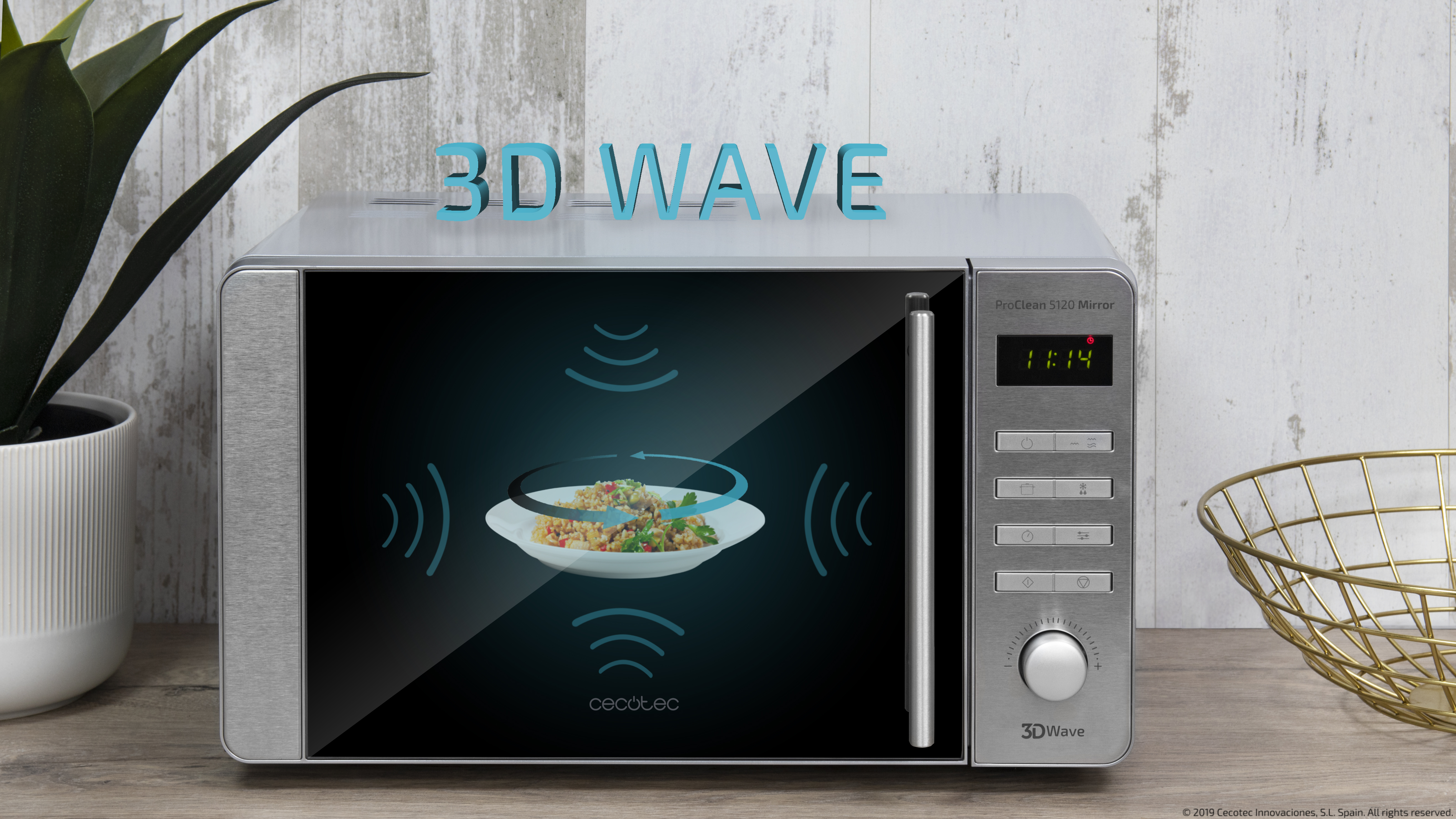 Un microondas con un plato de comida dentro, se muestran ondas azules, con el texto "3D WAVE" arriba.