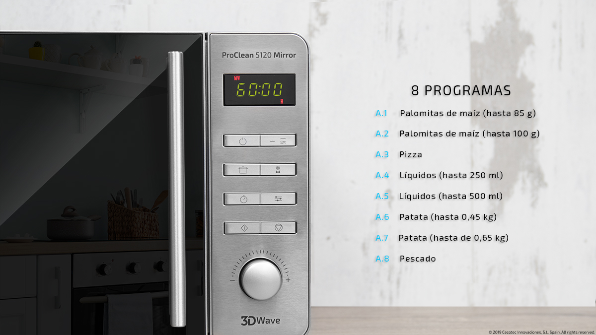 Un horno de microondas con pantalla digital que muestra 60:00. Botones y etiquetas son visibles en el panel frontal.