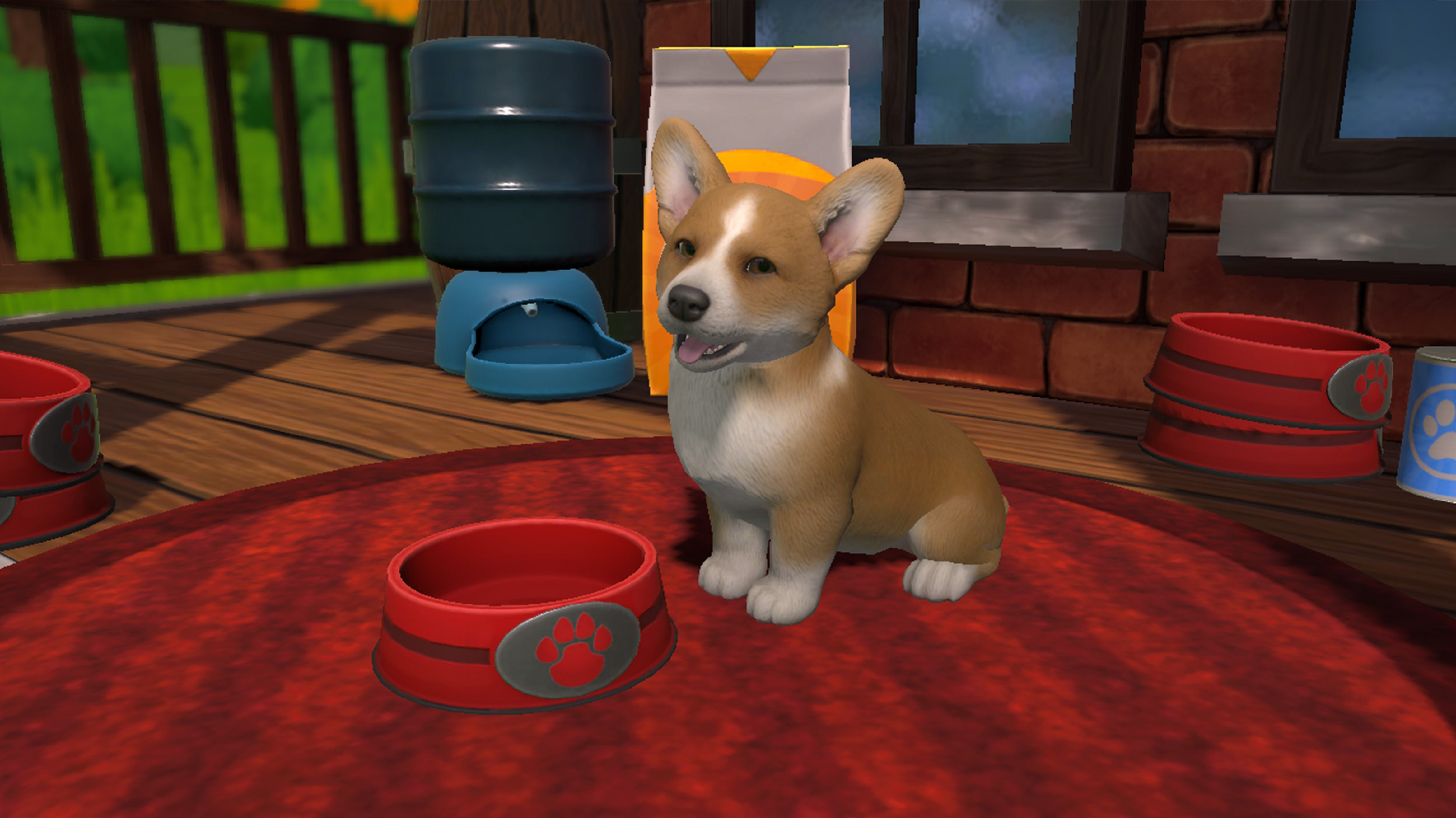 Un cucciolo di corgi seduto vicino a una ciotola rossa, all'interno di una casa di legno dei cartoni animati.