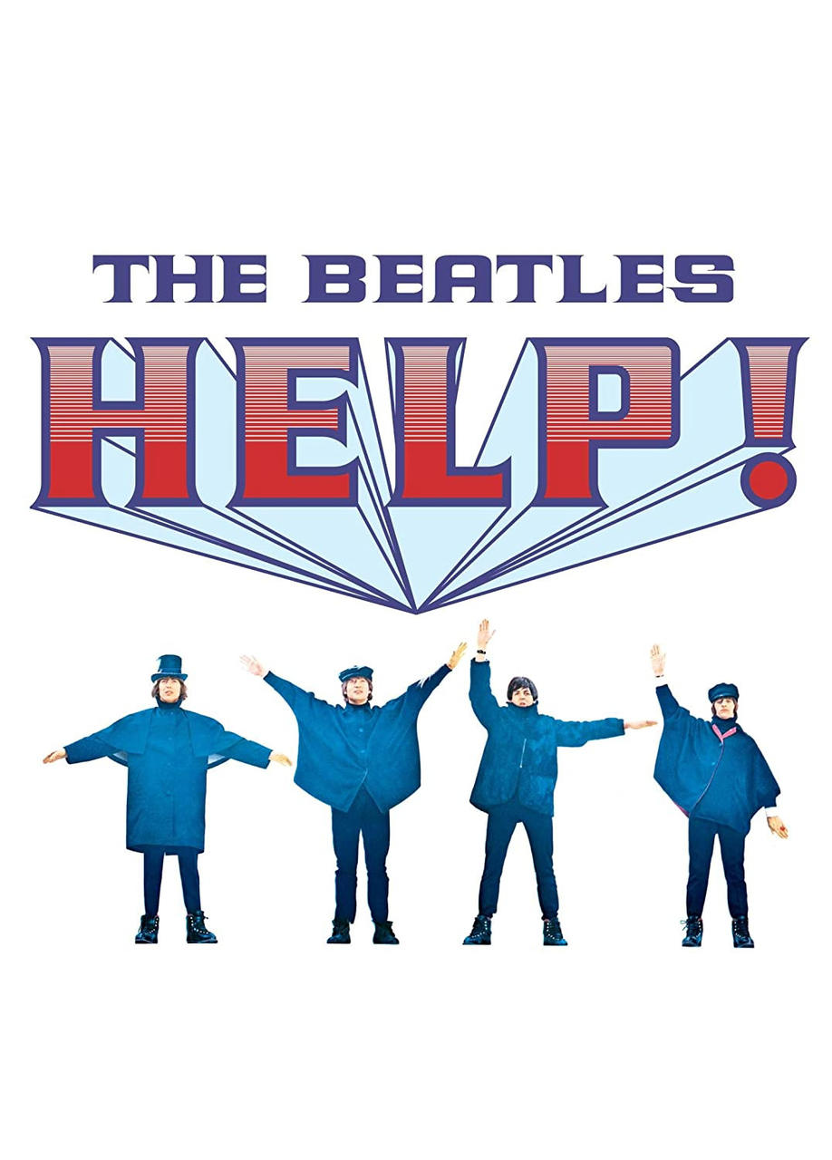 Albumcover: The Beatles, vier Figuren in Blau, Arme ausgestreckt, mit "HELP!" in fetten Buchstaben.
