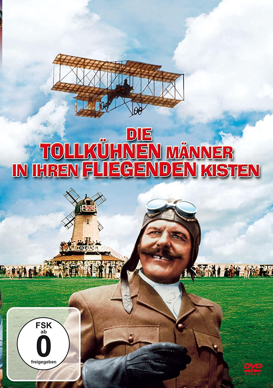 Filmplakat mit Pilot, Doppeldecker, Himmel und deutschem Text.
