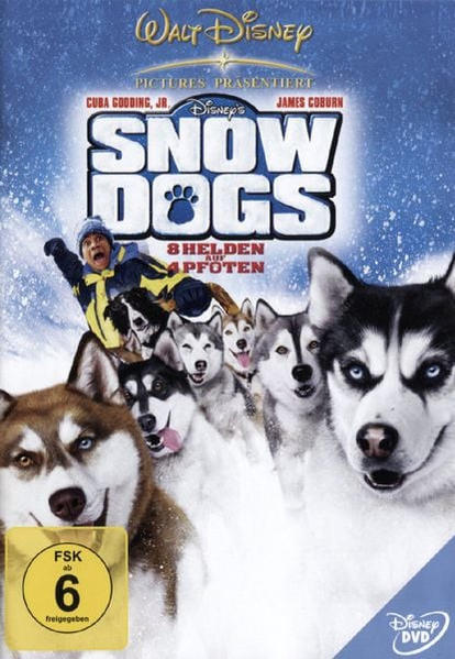 DVD-Cover von 'Snow Dogs' mit mehreren Husky-Hunden und einem Mann in Winterkleidung. Verschneiter Hintergrund.