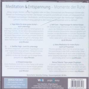 CD-Cover mit deutschem Text: Meditation & Entspannung - Momente der Ruhe und Yoga-Übungen.
