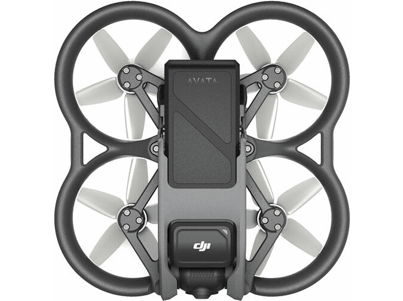 Yukarıdan çekilmiş siyah ve gri bir drone, dört pervaneli ve merkezi gövdeye sahip.