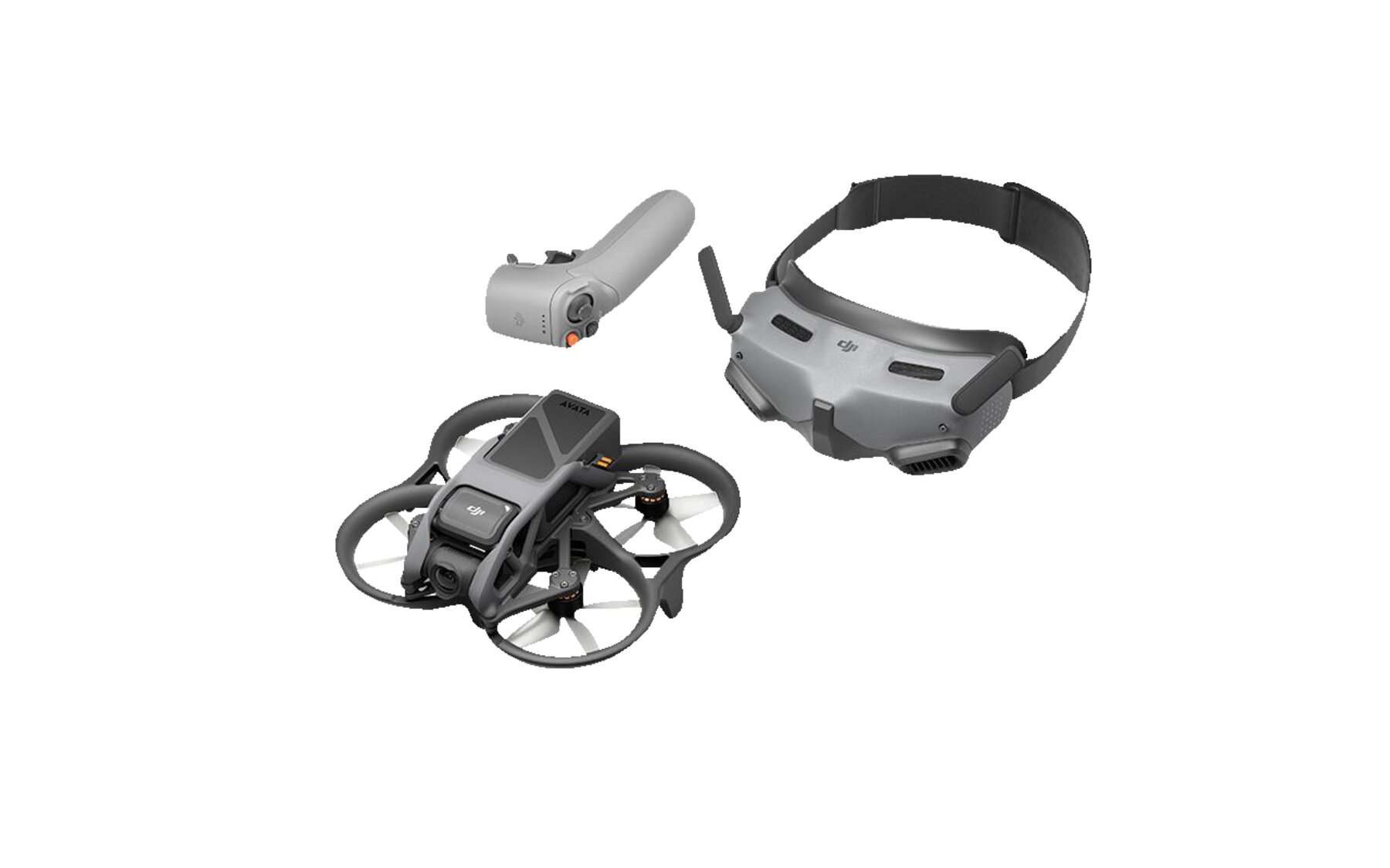 DJI drone seti: drone, kontrolcü ve gözlük, hepsi beyaz zemin üzerinde.