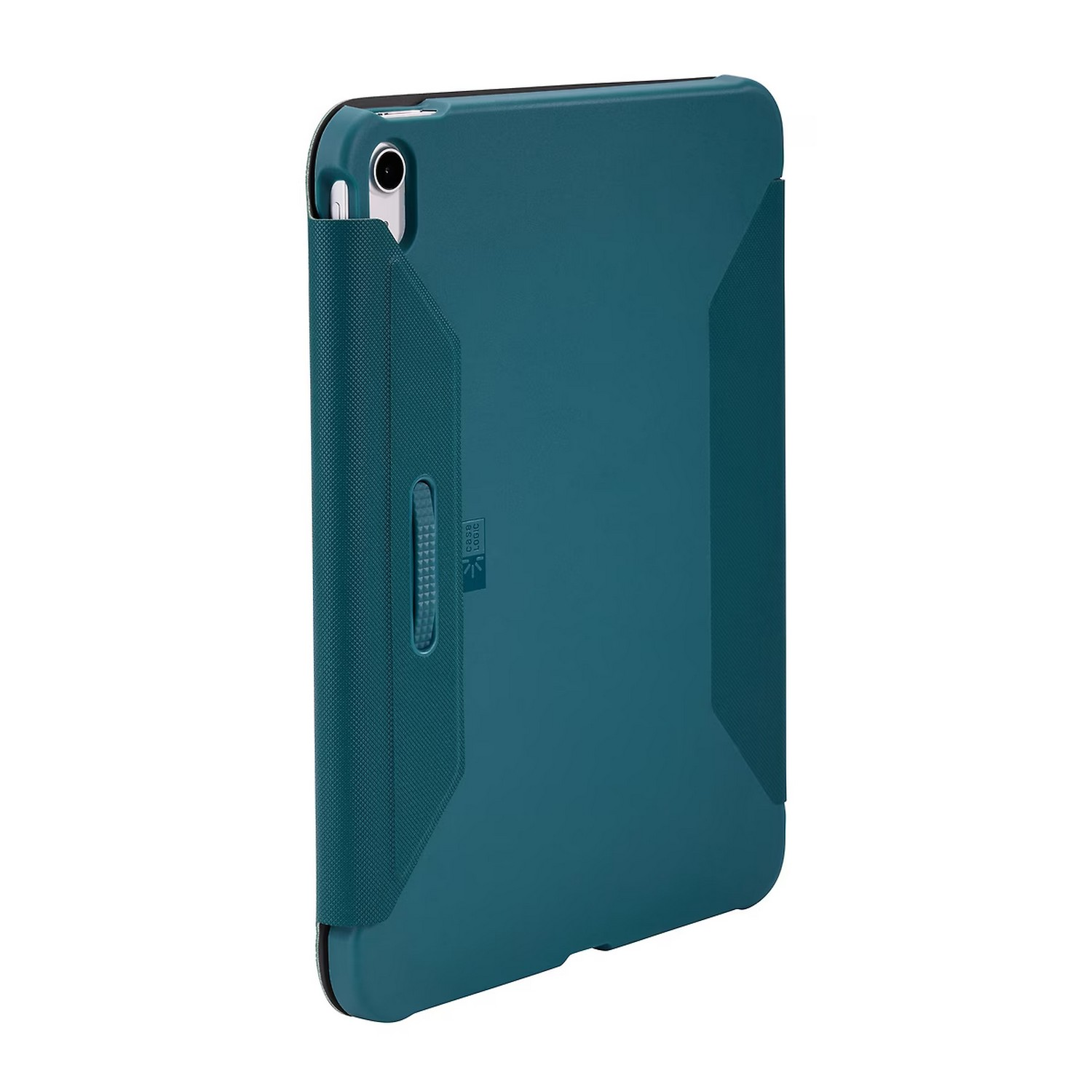Étui iPad de couleur sarcelle avec béquille, vue latérale, sur fond blanc.