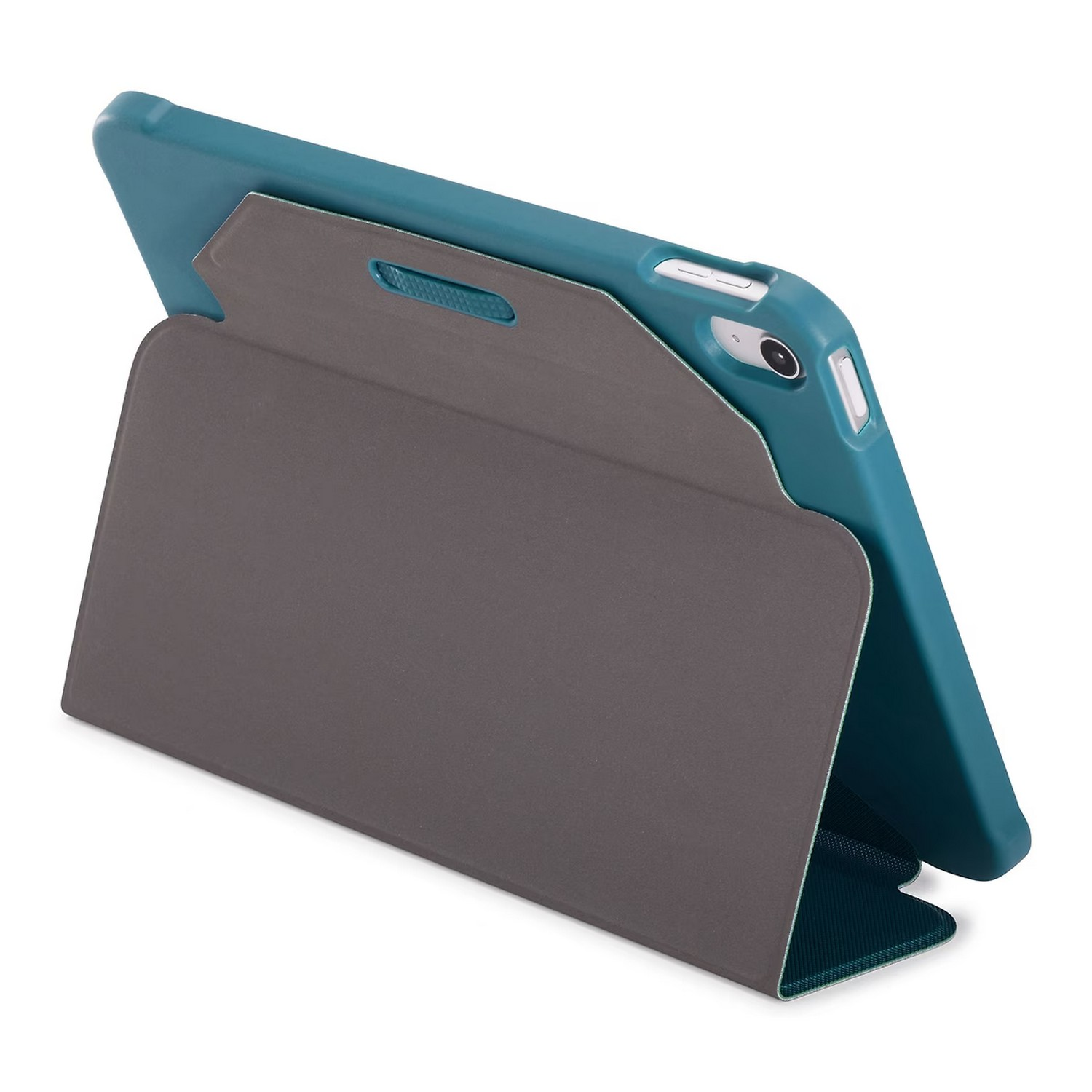Tablette turquoise dans un étui gris avec support. L'étui est ouvert et supporte la tablette.