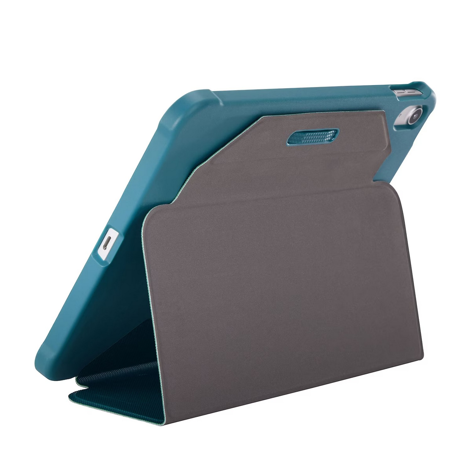 Une tablette bleue à l'intérieur d'un étui sarcelle est soutenue par une couverture grise.