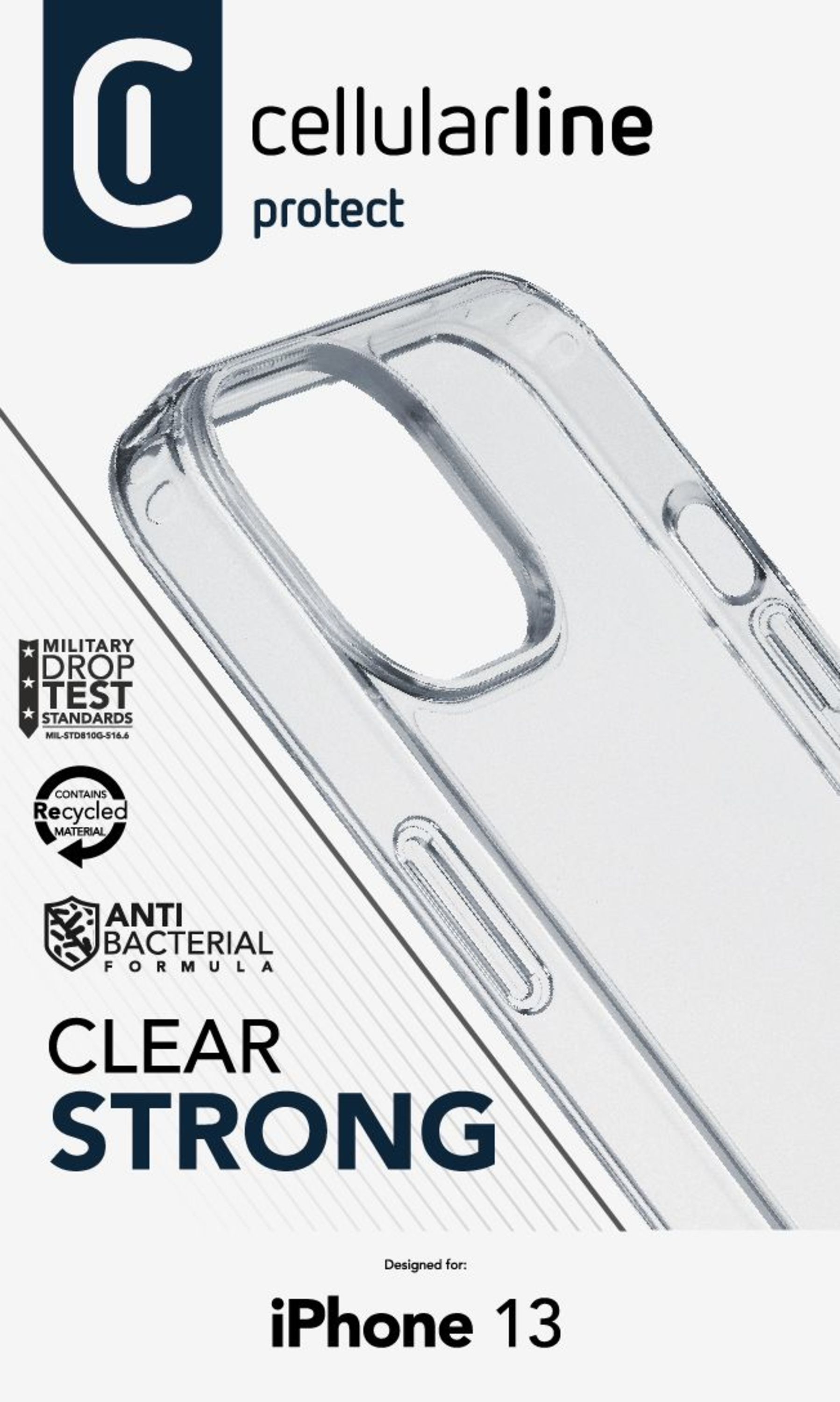 Metin içeren şeffaf bir telefon kılıfı. 'Clear Strong' ve 'iPhone 13' yazıyor.