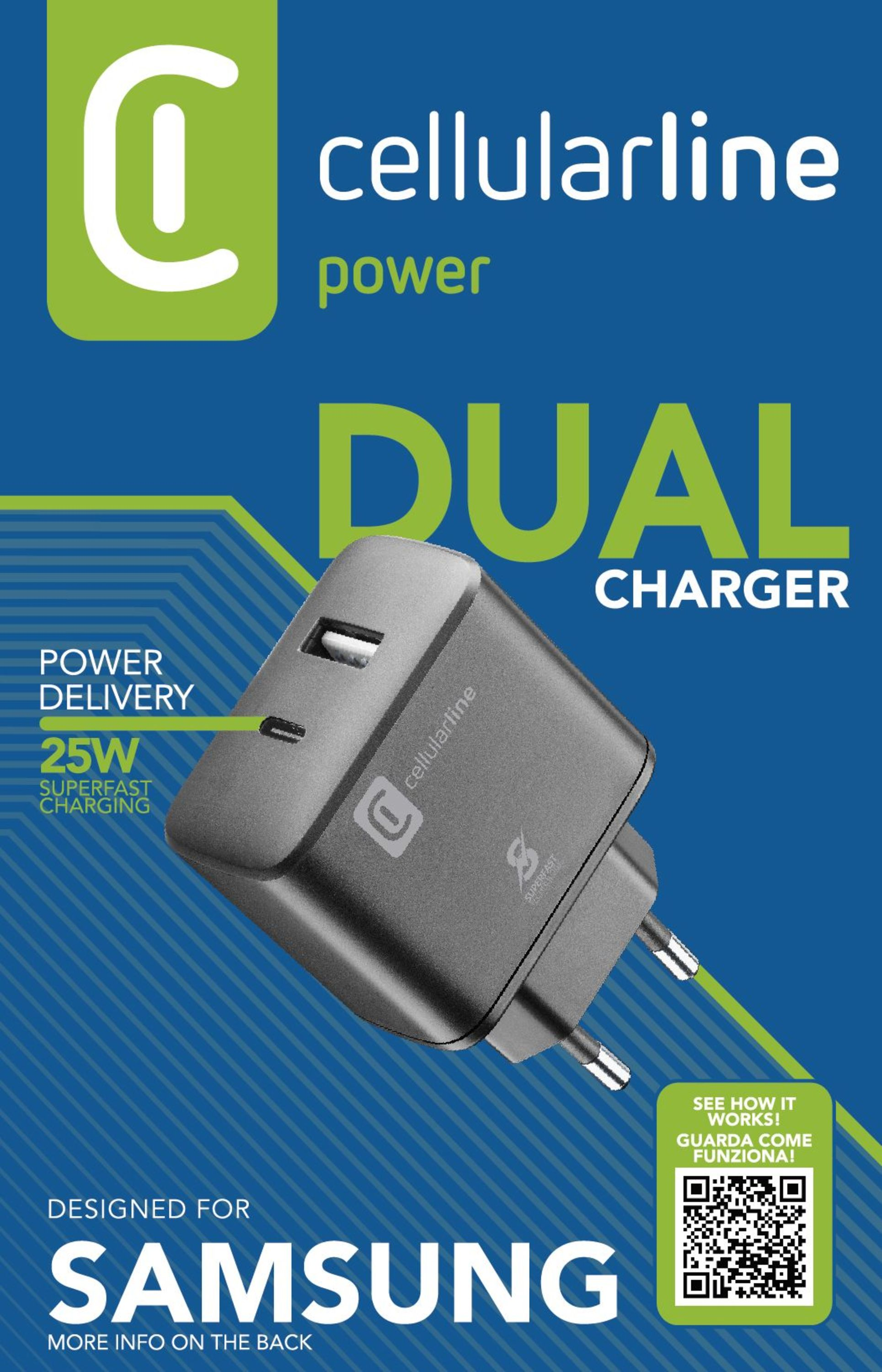 USB-C ve USB portlu bir ikili şarj cihazı. Şarj cihazı ve arka planda metin.