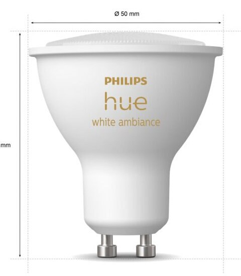 Biała żarówka Philips Hue z białym nastrojem, z wymiarami i tekstem.