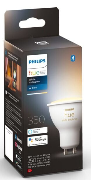 Pudełko żarówki Philips Hue. Pokazuje produkt i jego funkcje z tekstem.