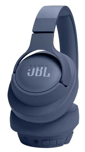 Niebieski zestaw słuchawkowy Bluetooth JBL pokazany z boku.