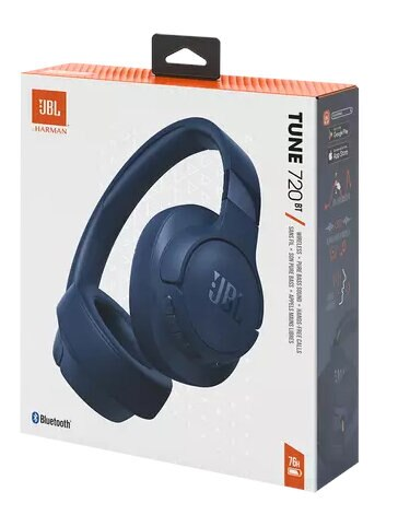 Granatowe słuchawki JBL Tune 720BT w białym pudełku z marką i funkcjami.