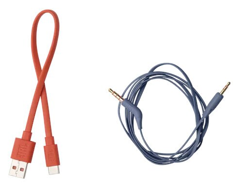 Dwa kable, jeden czerwony USB i jeden niebieski audio ze złotymi złączami, na białym tle.