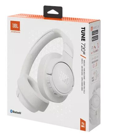 Białe pudełko słuchawek JBL Tune 720BT. Pudełko pokazuje słuchawki i funkcje z boku.