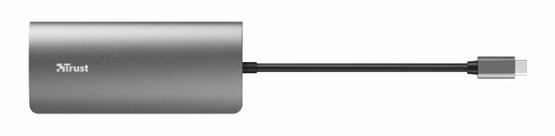 Hub USB-C. Srebrna obudowa z czarnym kablem. Logo Trust z boku.