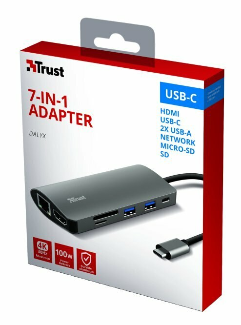 Zapakowany adapter USB-C 7 w 1, z portami HDMI, USB-C, USB-A, siecią i micro-SD.