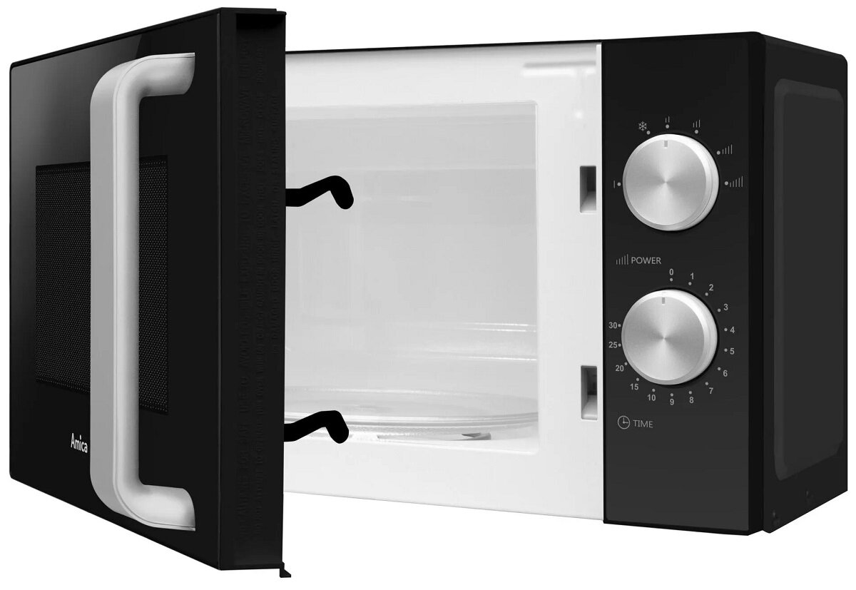 Czarna kuchenka mikrofalowa z otwartymi drzwiami. Białe wnętrze.