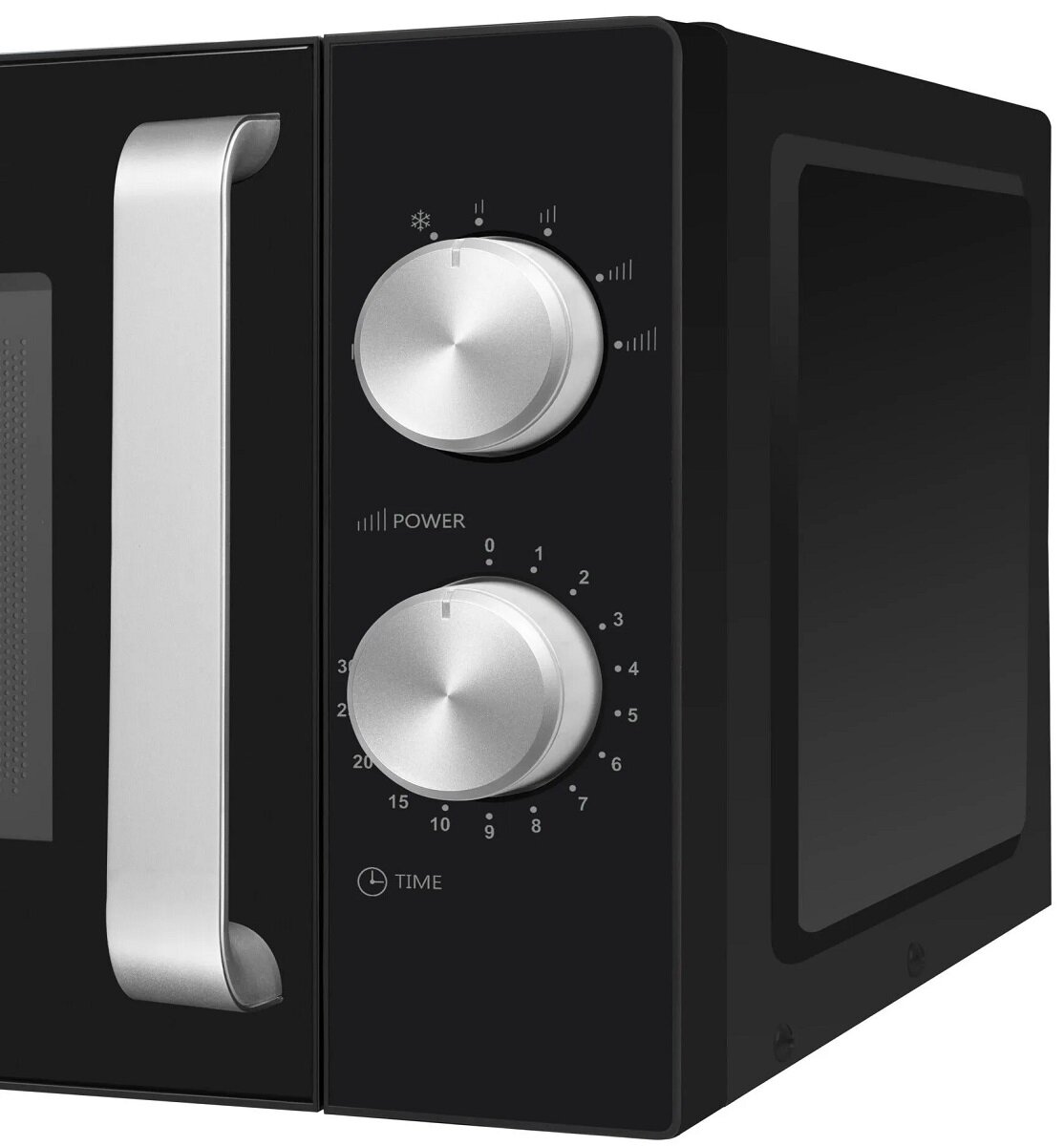 Czarny panel sterowania kuchenki mikrofalowej z pokrętłami zasilania, czasu i ustawień.