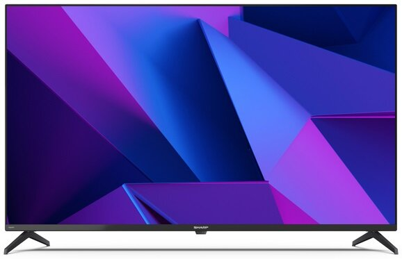 Telewizor z płaskim ekranem o nowoczesnym designie, pokazujący abstrakcyjny wzór w kolorach niebieskim i fioletowym.