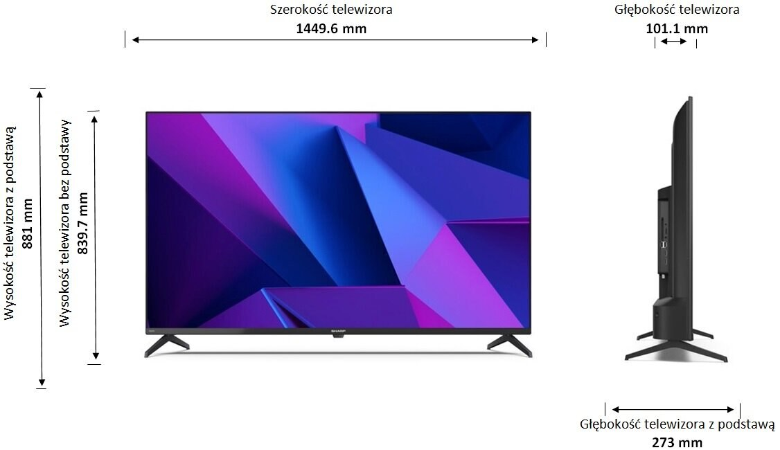 Ekran telewizora z wymiarami i informacjami. Telewizor jest czarny i ma podstawę.