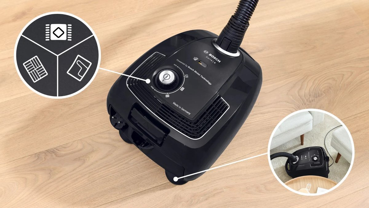 Czarny odkurzacz z trzema ikonami i mniejszym widokiem odkurzacza.