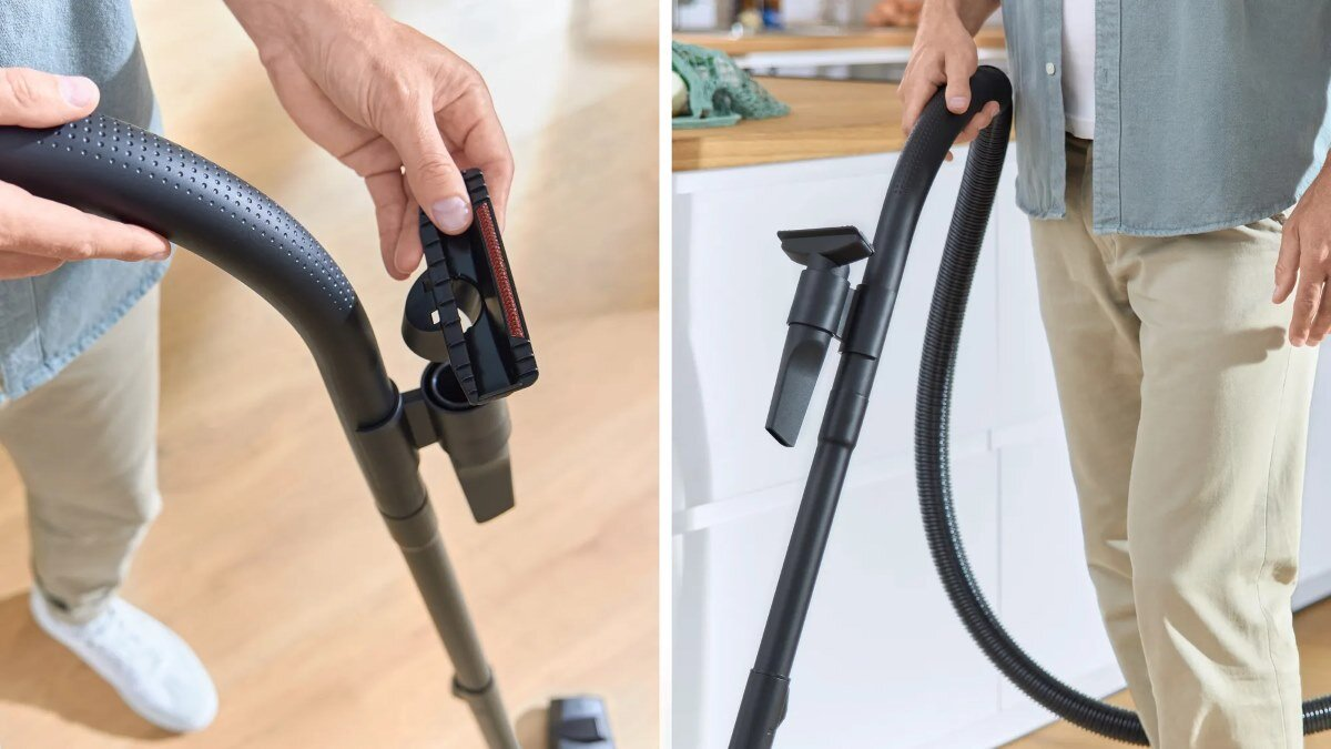 Dwa obrazy pokazujące osobę mocującą akcesoria do odkurzacza. Jeden pokazuje nakładkę ze szczotką.