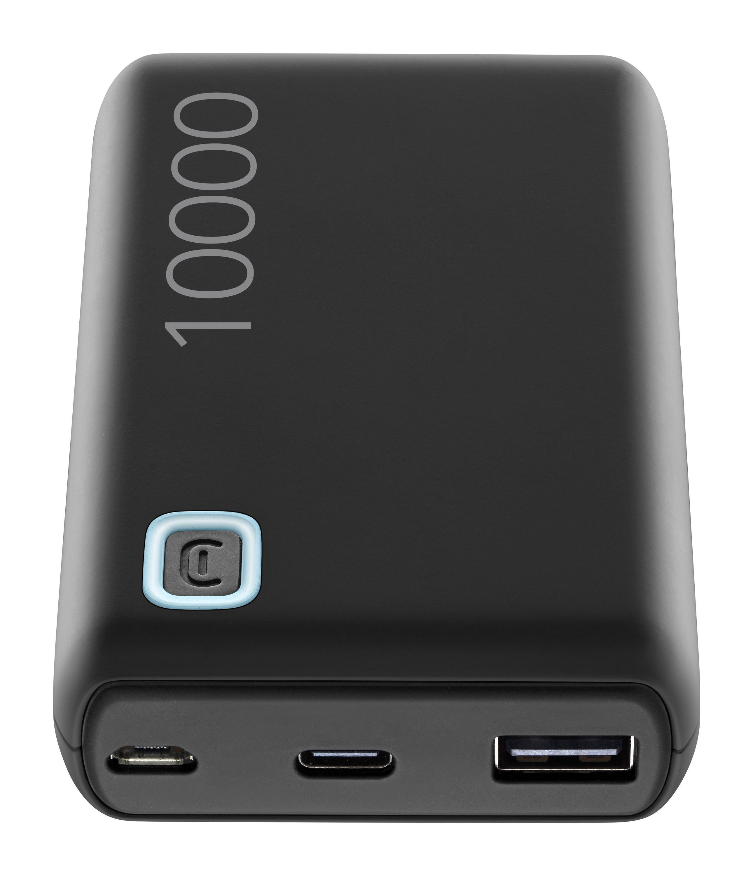 '10000' yazılı siyah powerbank. USB-C, Micro USB ve USB bağlantı noktaları var.