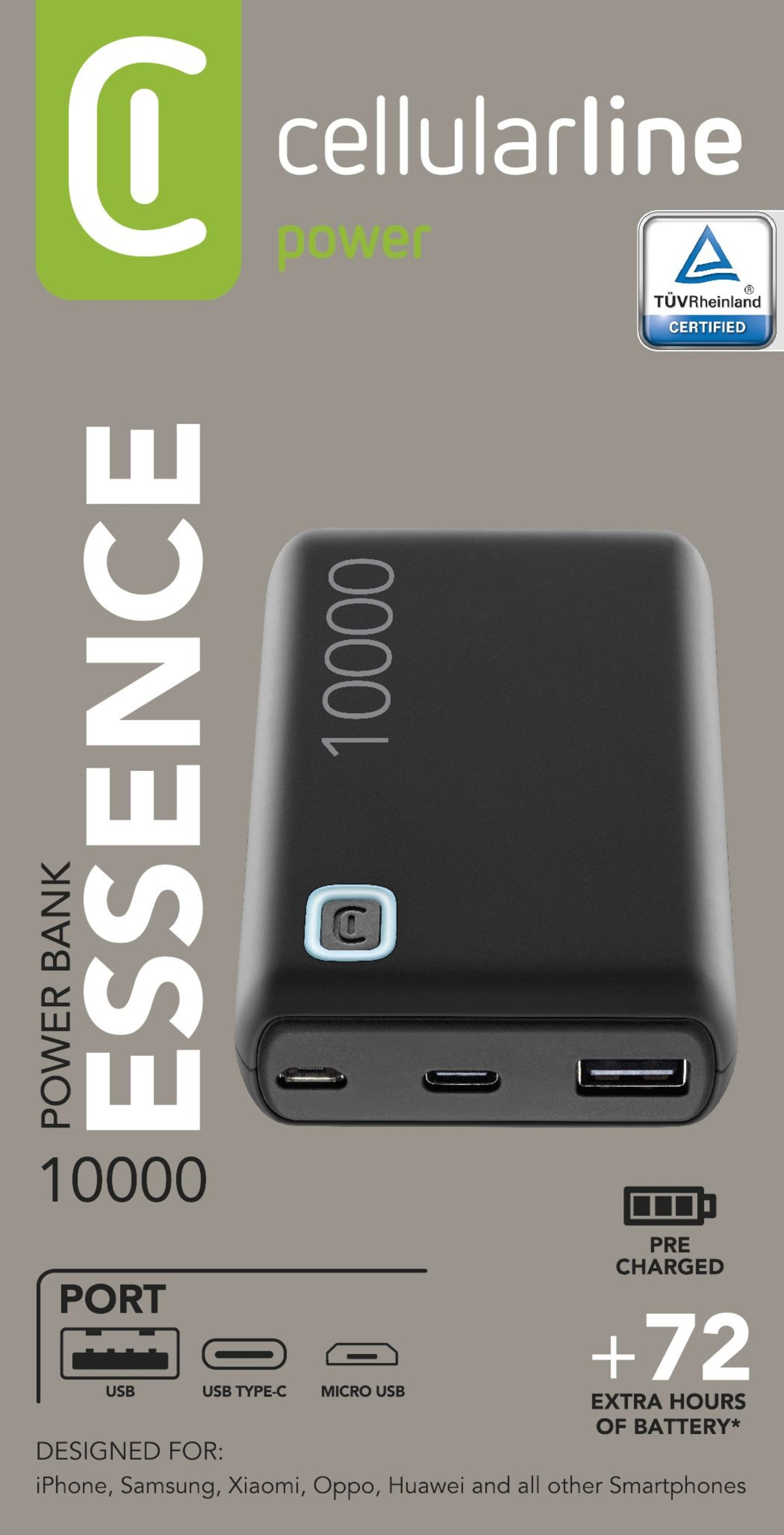 10000mAh kapasiteli, USB portlu ve marka logolu siyah powerbank.