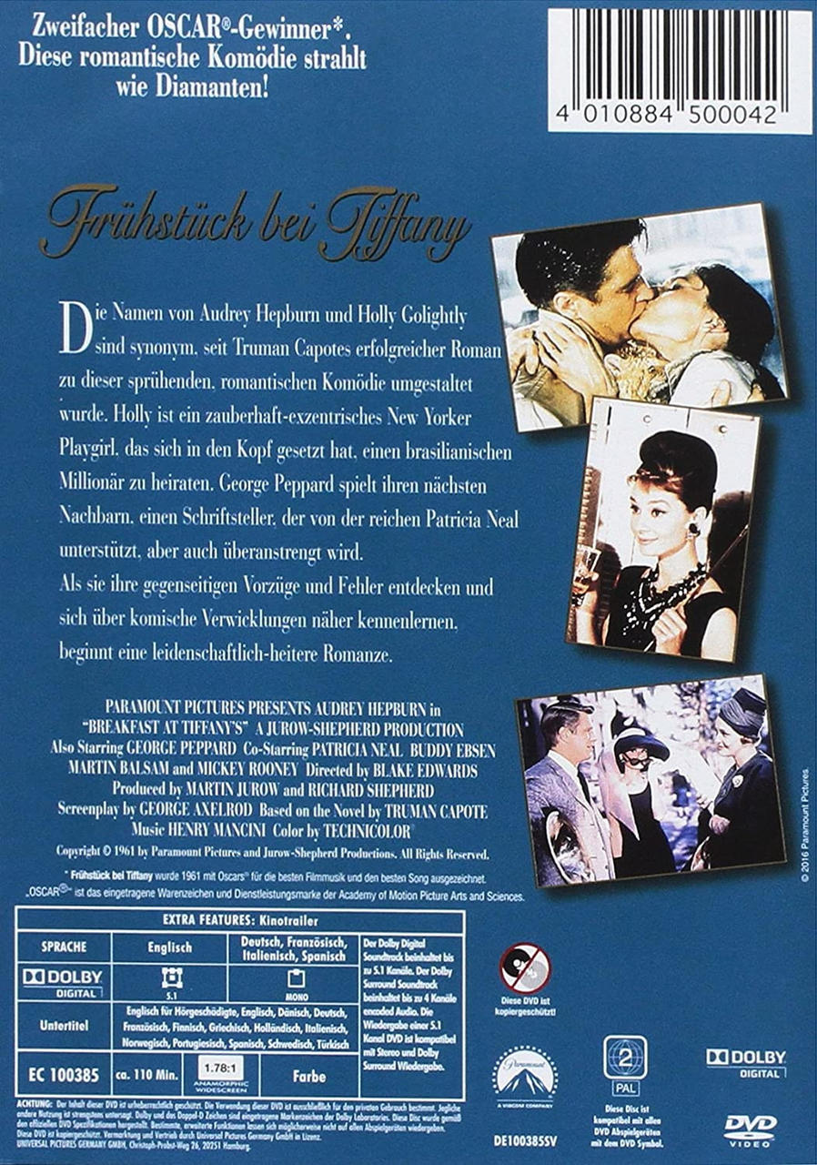 DVD-Cover von Frühstück bei Tiffany mit Audrey Hepburn und George Peppard.