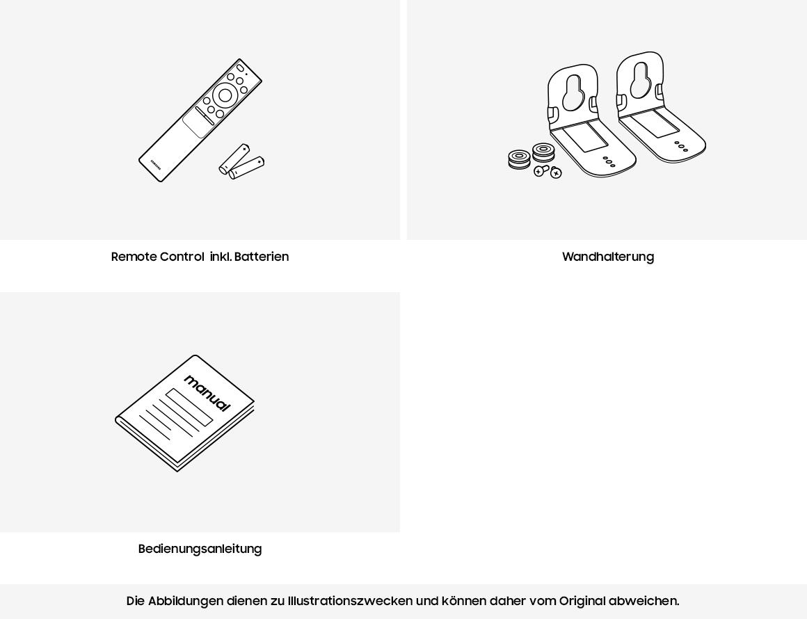 Diagramm von Fernbedienung, Batterien, Wandhalterungen, Handbuch, alles in Schwarzweiß.