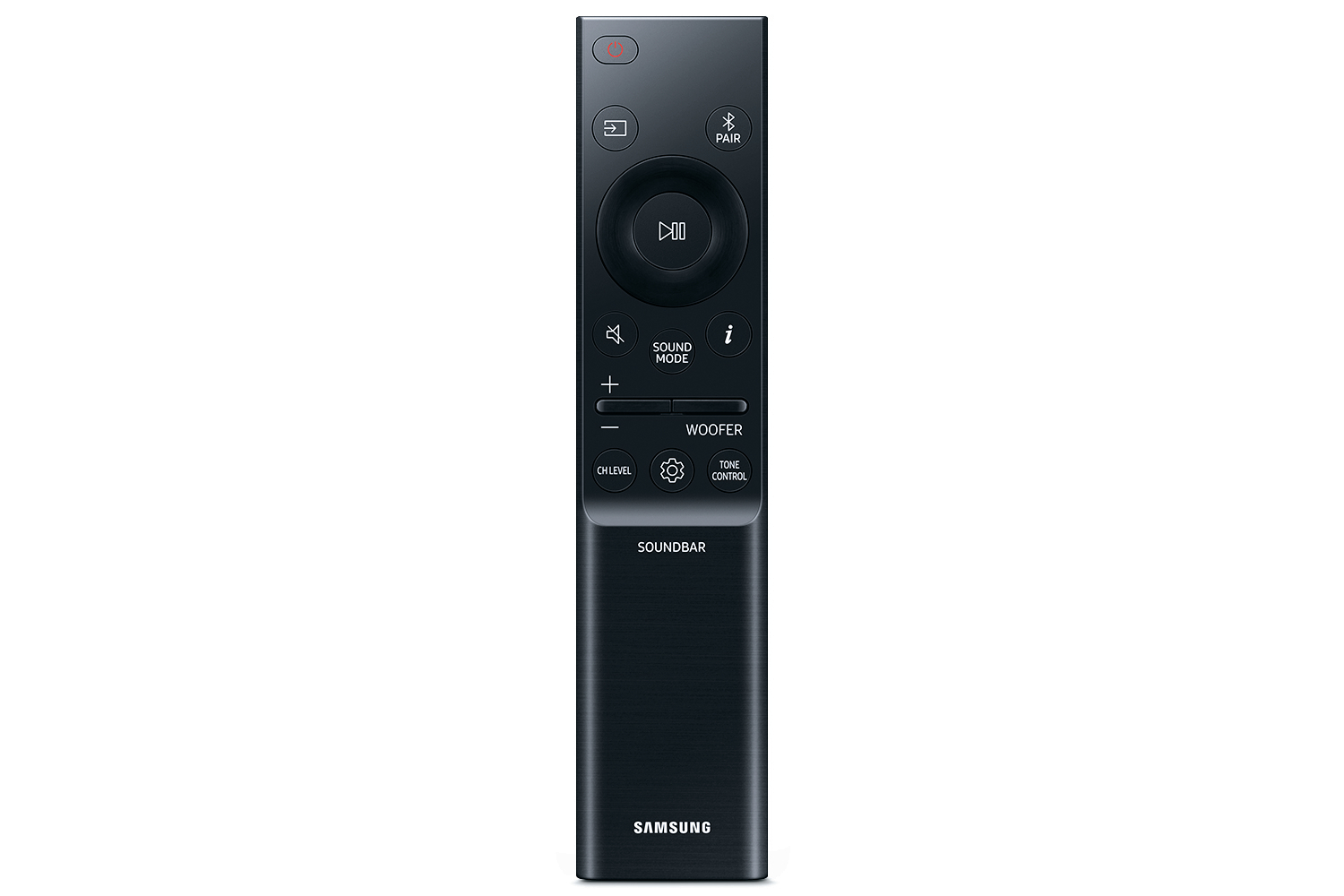 Eine schwarze Samsung Soundbar-Fernbedienung mit Tasten auf weißem Hintergrund.
