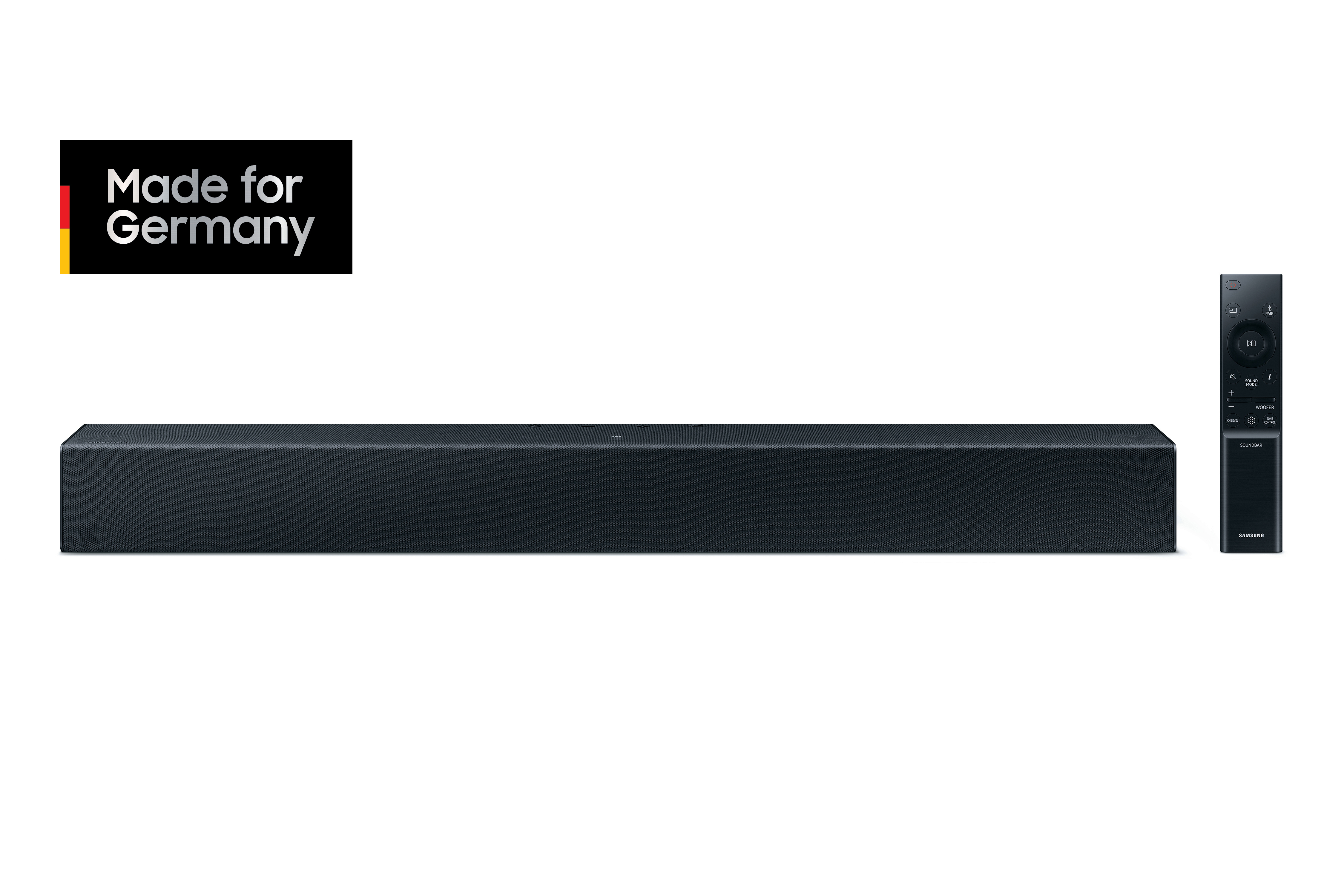 Schwarze Soundbar und Fernbedienung auf weißem Hintergrund, mit 'Made for Germany'-Logo.