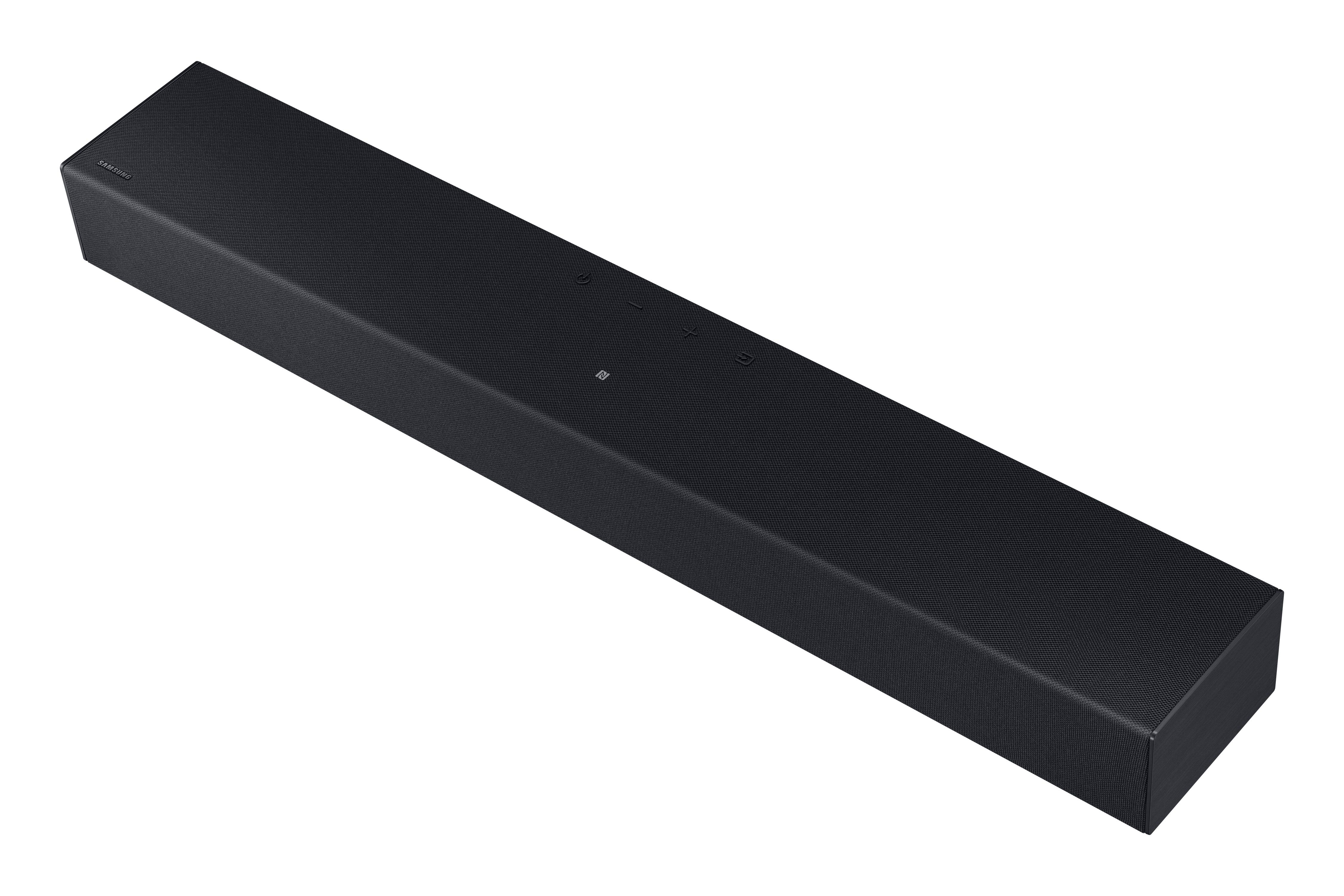 Eine schwarze Soundbar mit niedrigem Profil, nach oben geneigt, mit schwarzem Mesh-Bezug.