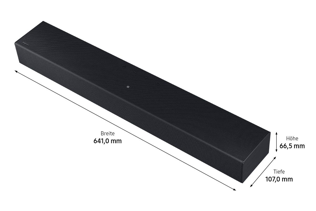Schwarze Soundbar mit Abmessungen in Millimetern.