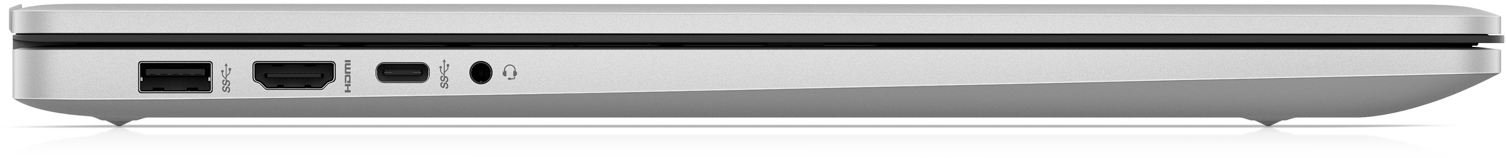 Seitenansicht eines silbernen Laptops mit Anschlüssen wie USB, HDMI und Audioanschluss.
